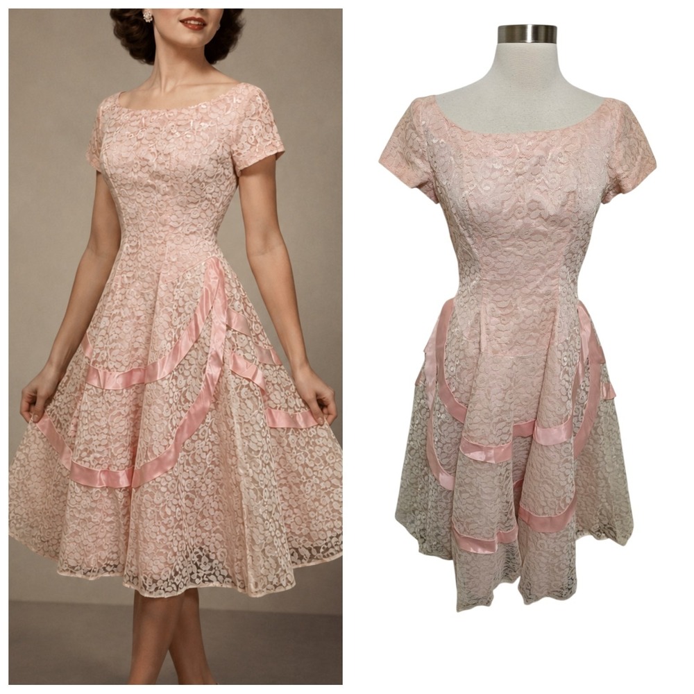 Vintage 1950s Pink Lace Dress Fit Flare Ribbon Trim Party Prom Dress